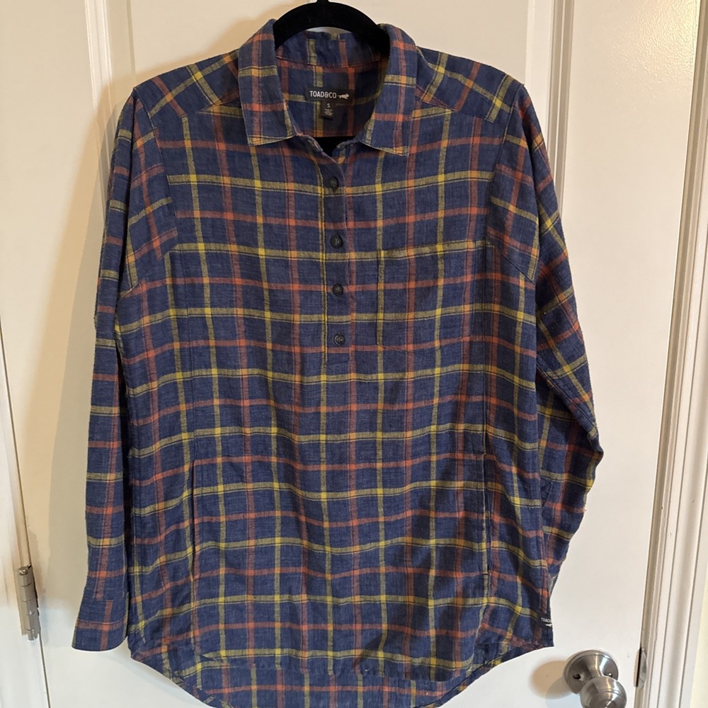 Toad & Co Cairn Popover Flannel Tunic Sz S Long Sleeve Pockets Granola Outdoor